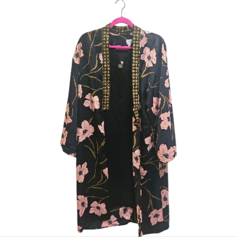 A New Day Black Gold Pink Floral Kimono Robe Open Cardigan Lagenlook NWOT